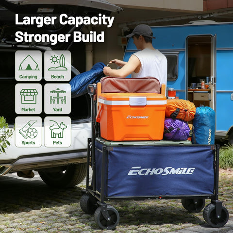 EchoSmile blue and orange collapsible wagon ready for outdoor adventures