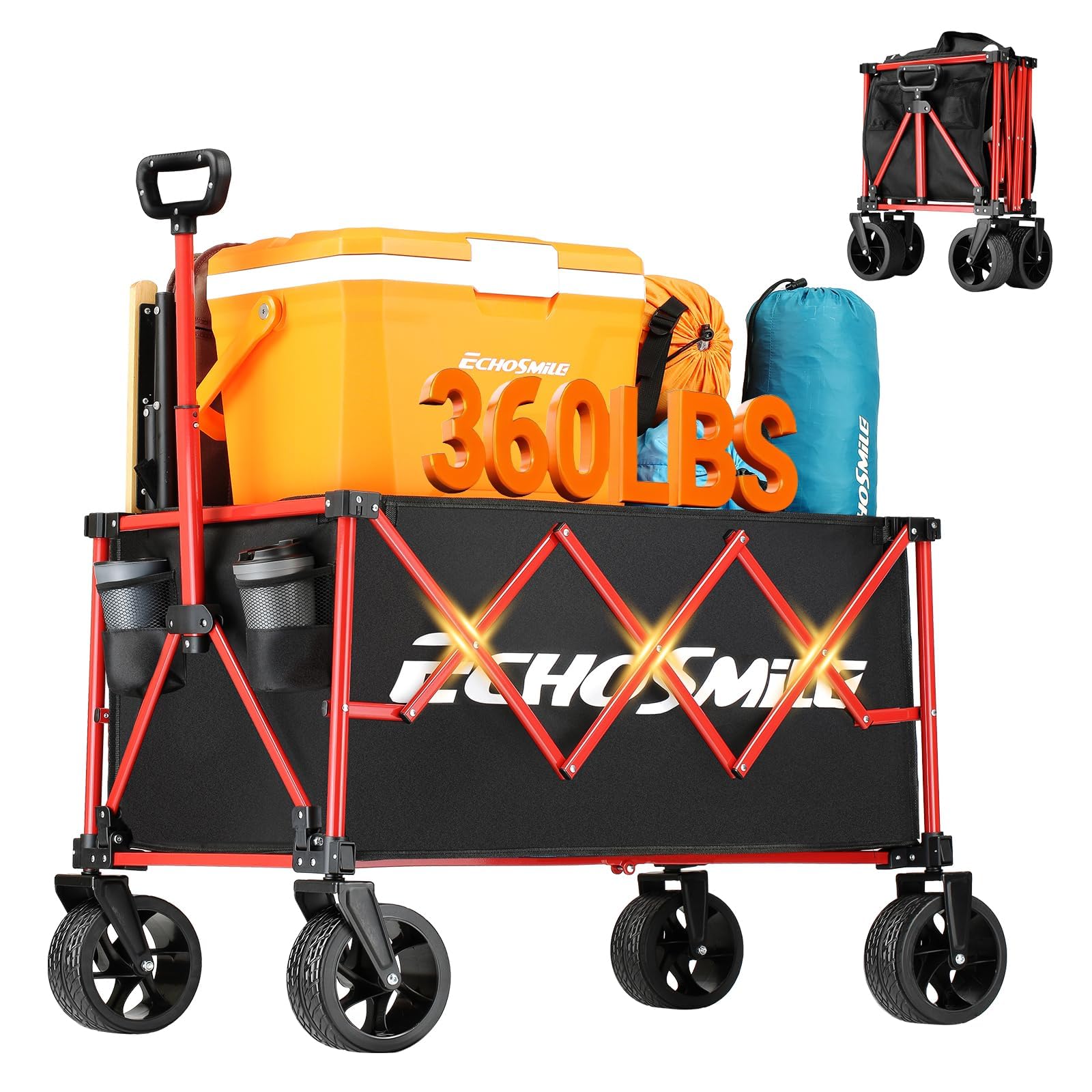 EchoSmile collapsible wagon folding assembly shows quick setup for on-the-go trips.