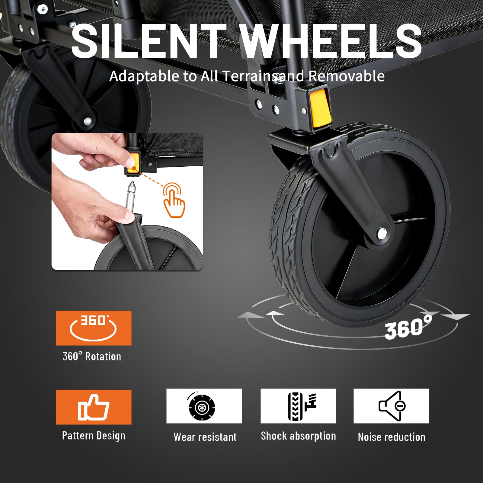 EchoSmile all-terrain wagon wheels roll smoothly over sand and grass.