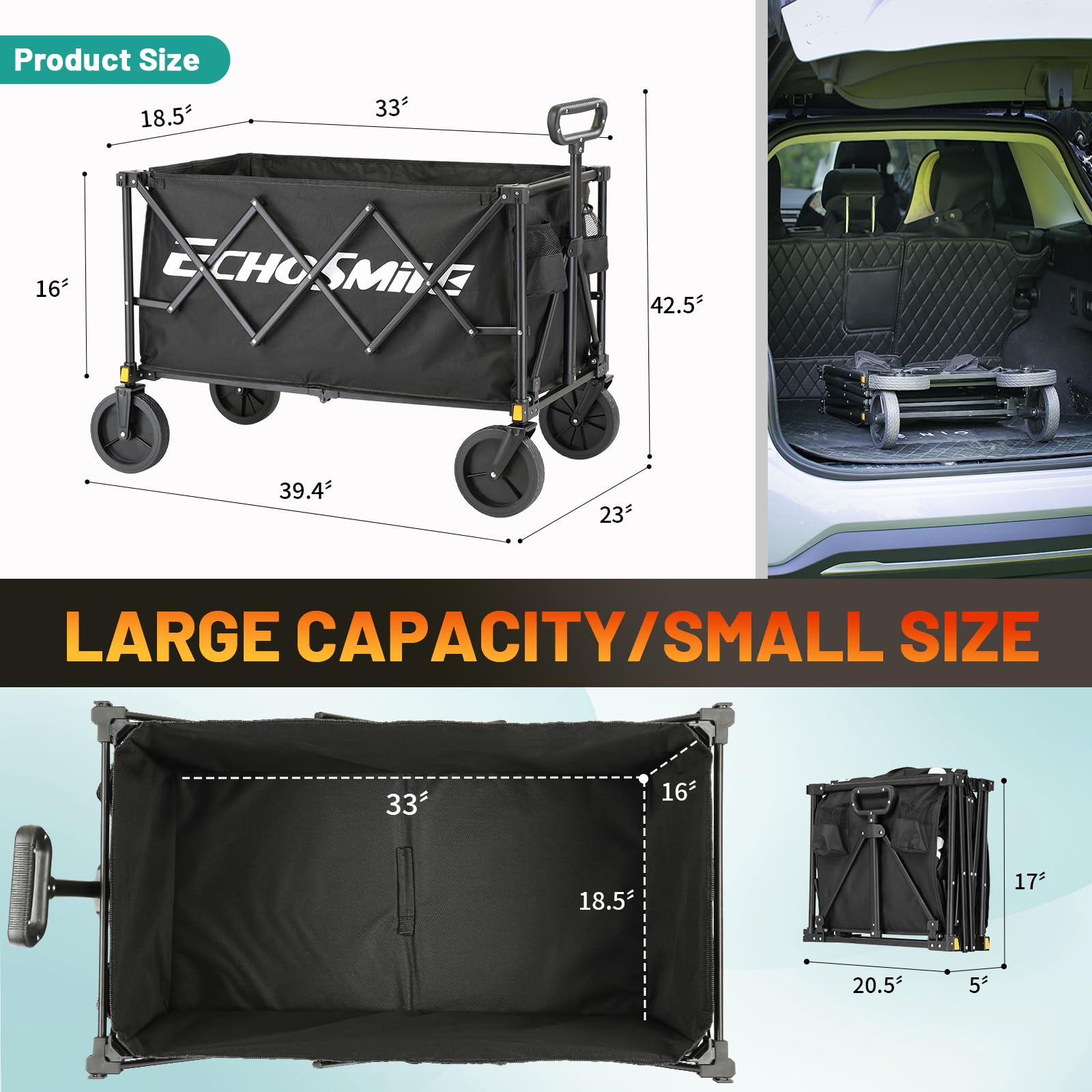 EchoSmile wagon quickly sets up without tools for quick trips.