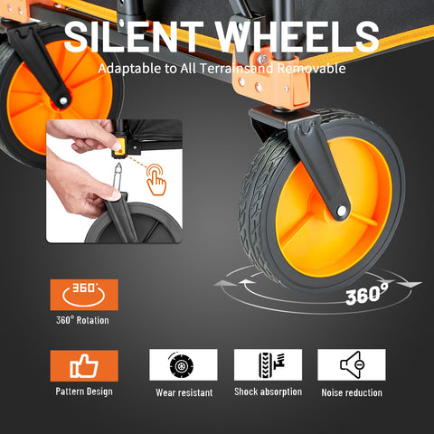 EchoSmile wagon handle tilted for comfortable pulling on uneven ground.