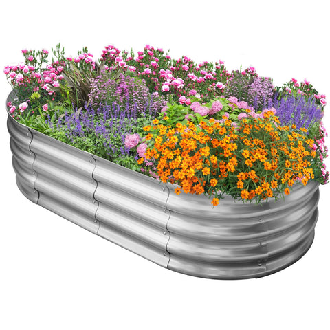 Eclaron galvanized raised bed oval side view showing sturdy clamps for easy assembly.