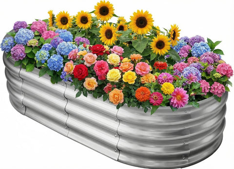Eclaron oval galvanized bed design for easy planting and stylish outdoor appeal.