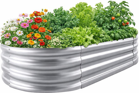 Eclaron galvanized raised garden bed with oval design for elegant outdoor planting.