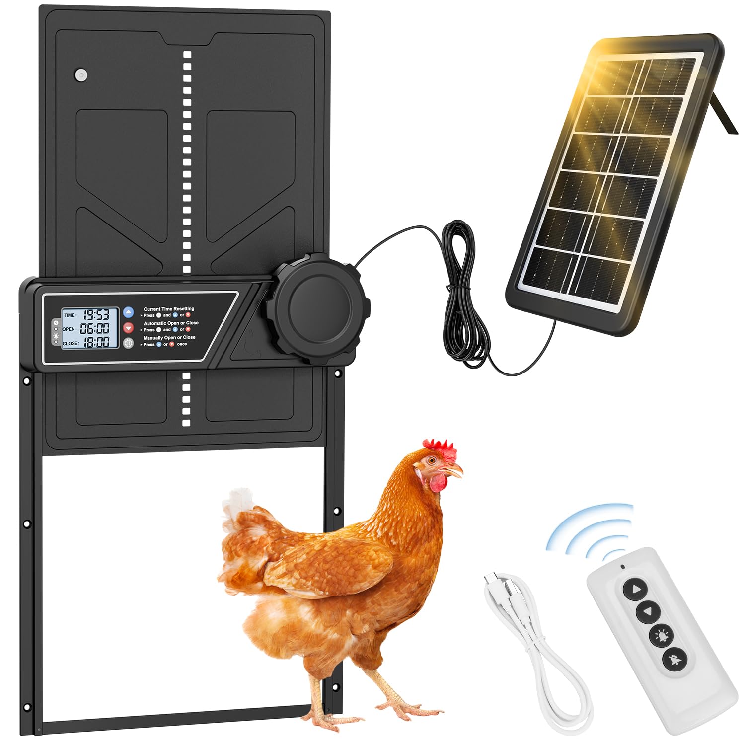 ECLINCO solar-powered chicken coop door with aluminum housing for all-weather reliability