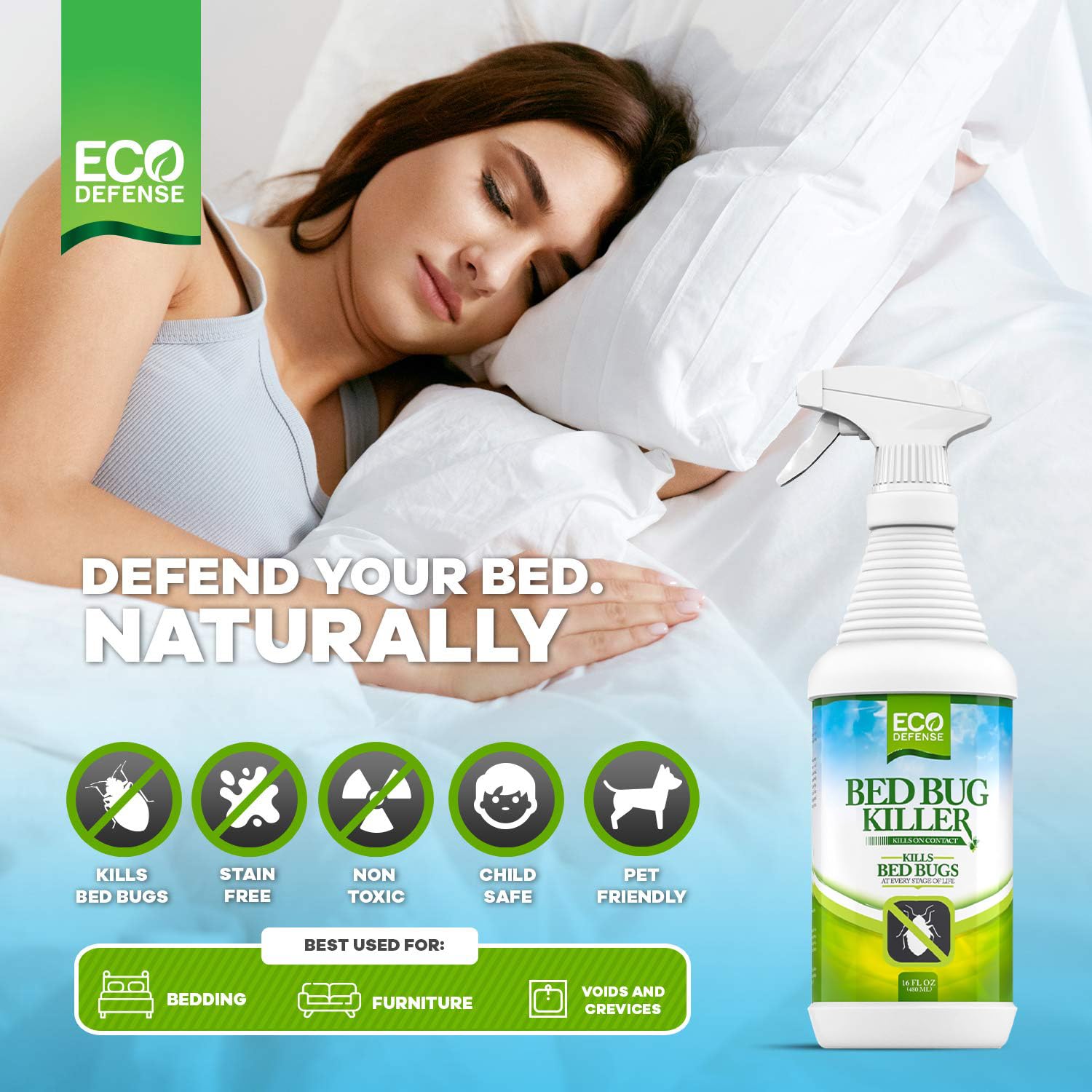 Eco Defense Bed Bug Killer being applied to a mattress for on-site treatment.