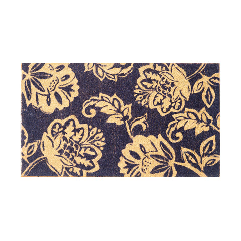 Eco Living coir door mat with floral navy print adds curb appeal while scraping dirt.