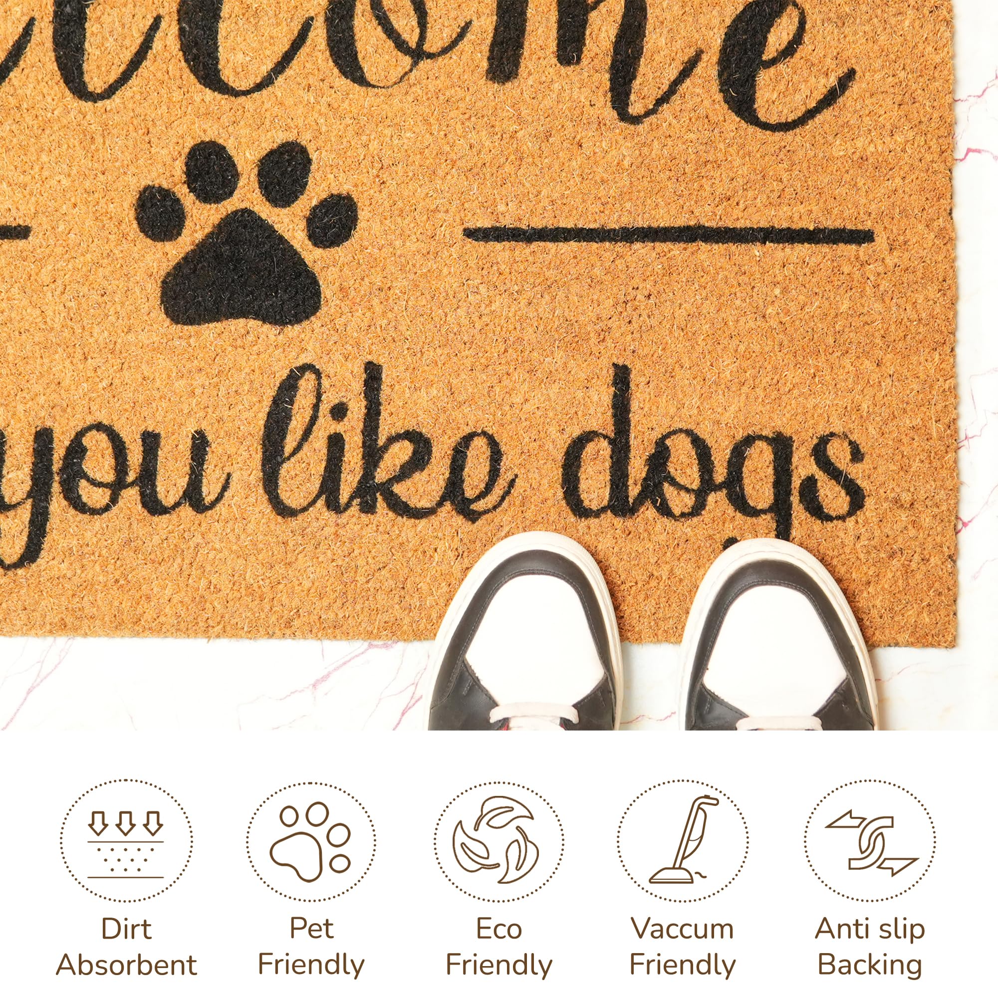 Eco Living beige and black dog print mat adds style at entryways.