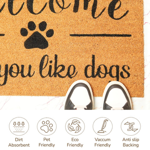 Eco Living beige and black dog print mat adds style at entryways.