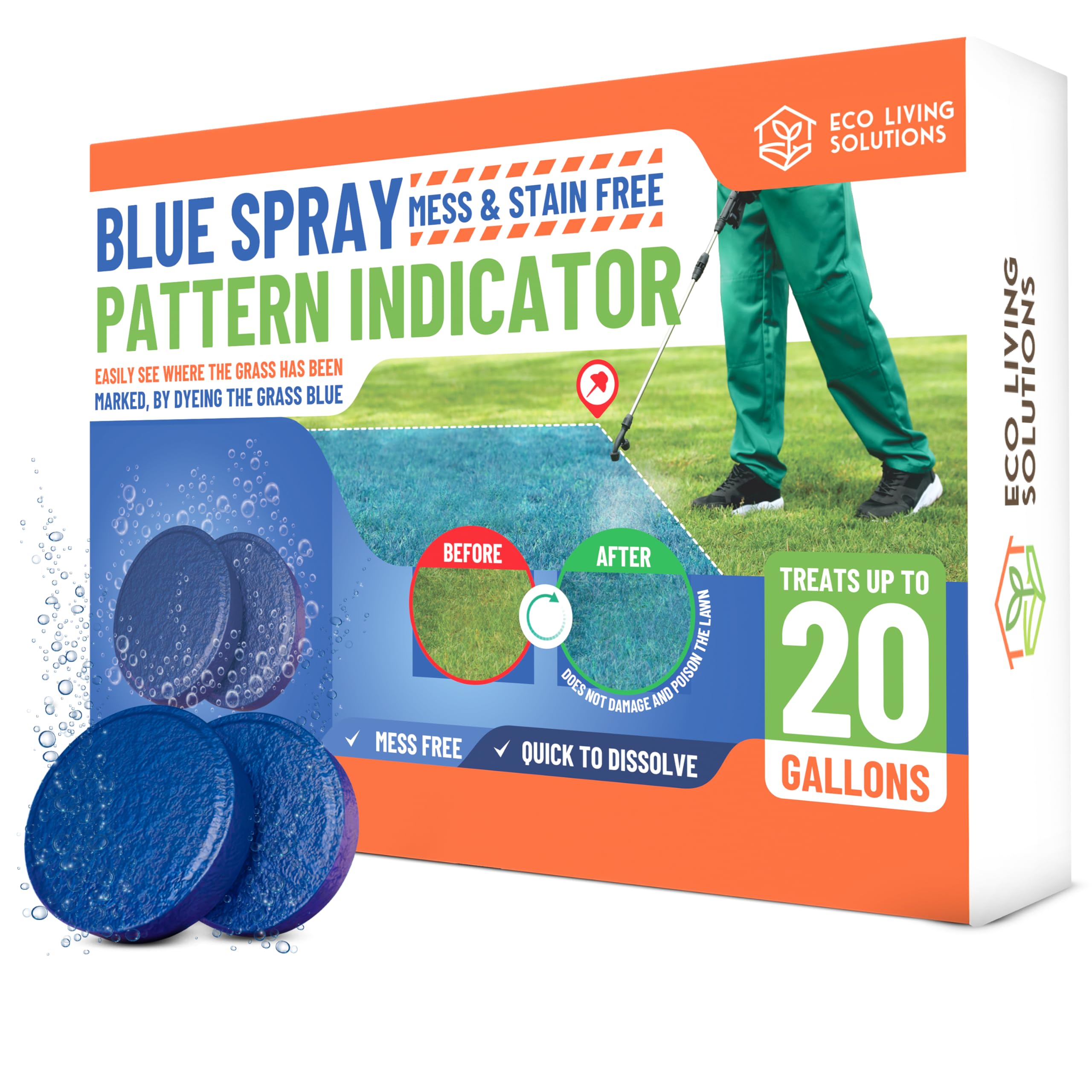 Eco Living Solutions blue dye tablet improves spray pattern visibility for precise lawn applications.