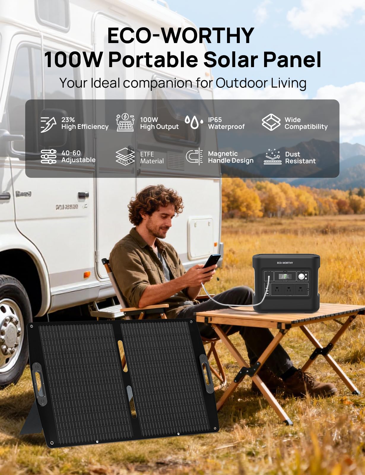 Eco-Worthy 100W solar panel open angled setup capturing sunlight efficiently.