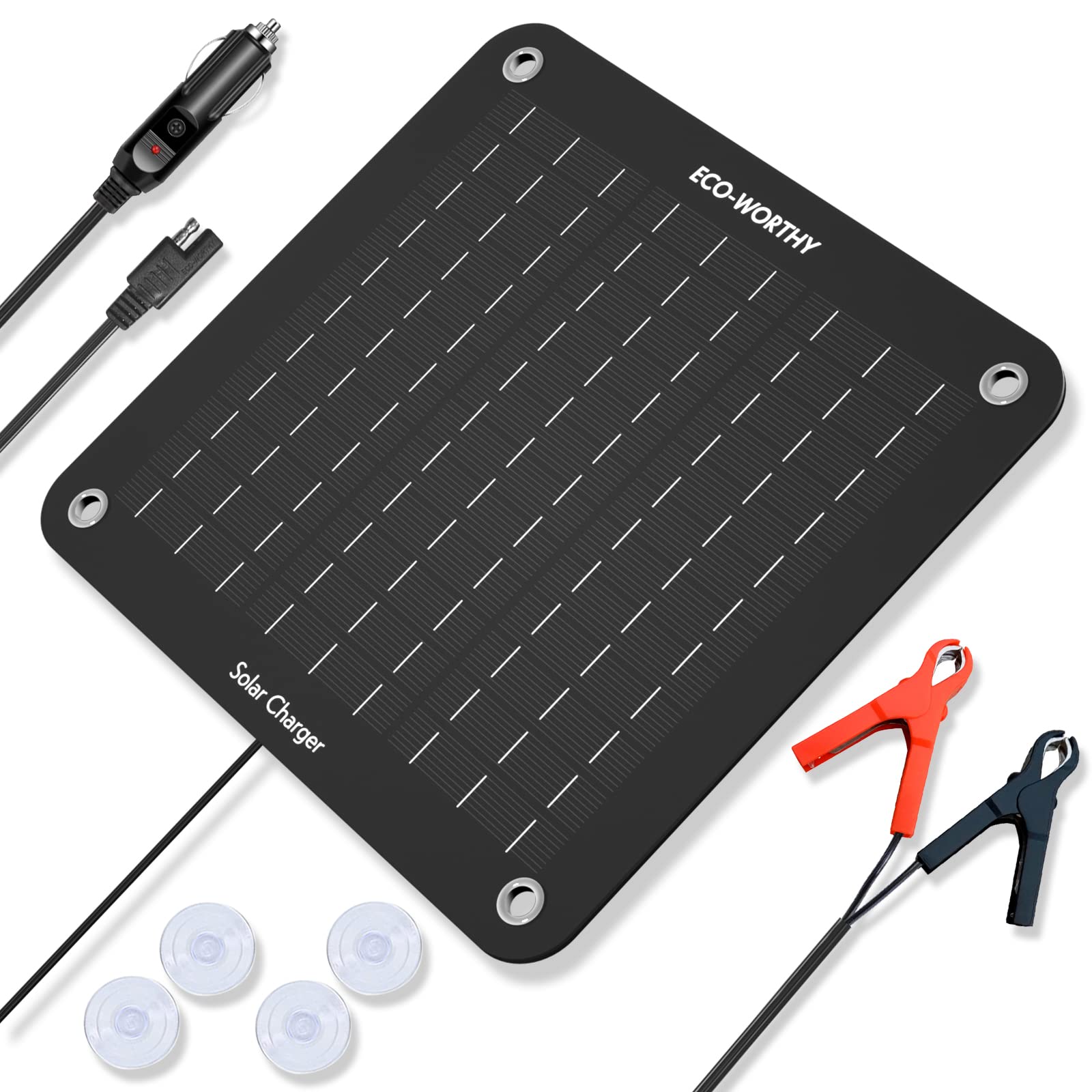 Eco-Worthy 10W solar panel powering a car battery outdoors for maintenance.