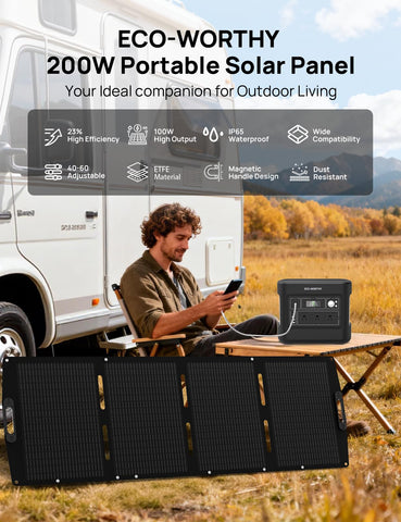 ECO-WORTHY 200W panel open for sun exposure, easy multi-angle setup.