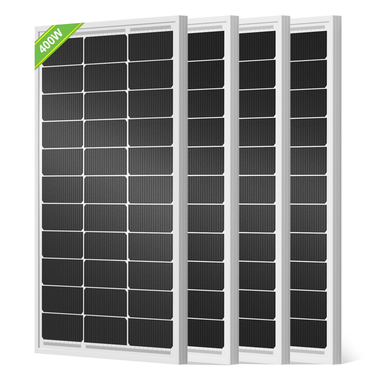 Eco-Worthy 400W solar panel front view showing a compact, high-efficiency module for home or RV use.