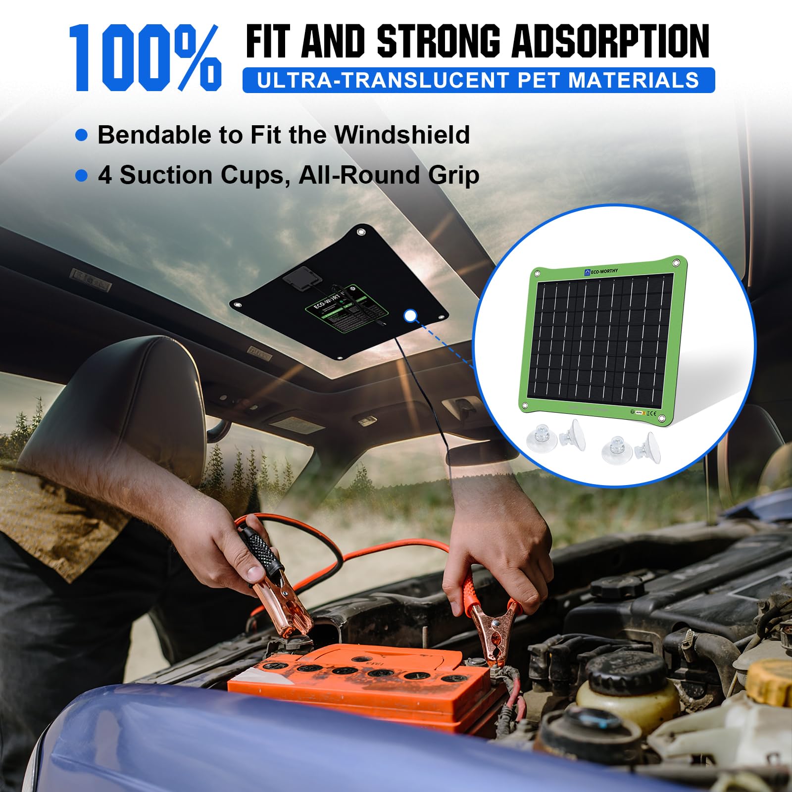 ECO-WORTHY battery maintainer connected with clips to a car battery