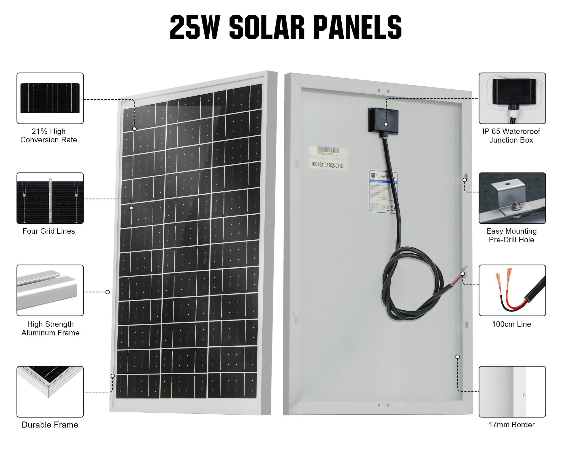 Eco-Worthy 25W panel aluminum frame emphasizes durability against wind and snow