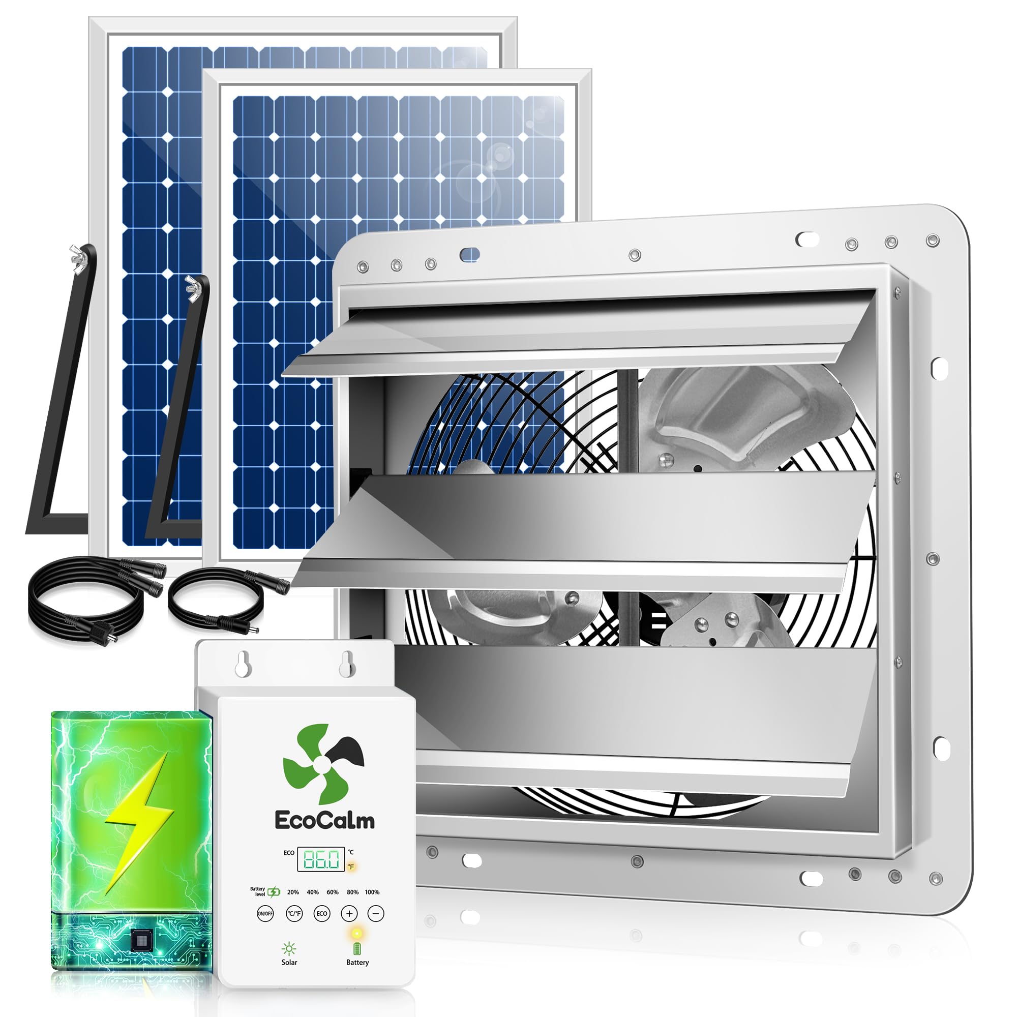 EcoCalm 12in solar exhaust fan over greenhouse venting improves airflow and reduces humidity