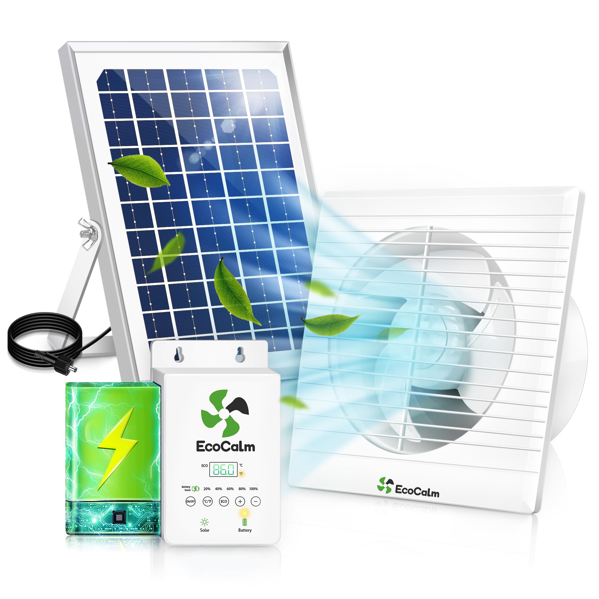 EcoCalm solar-powered fan with bifacial 12W panel for day charging and night ventilation.