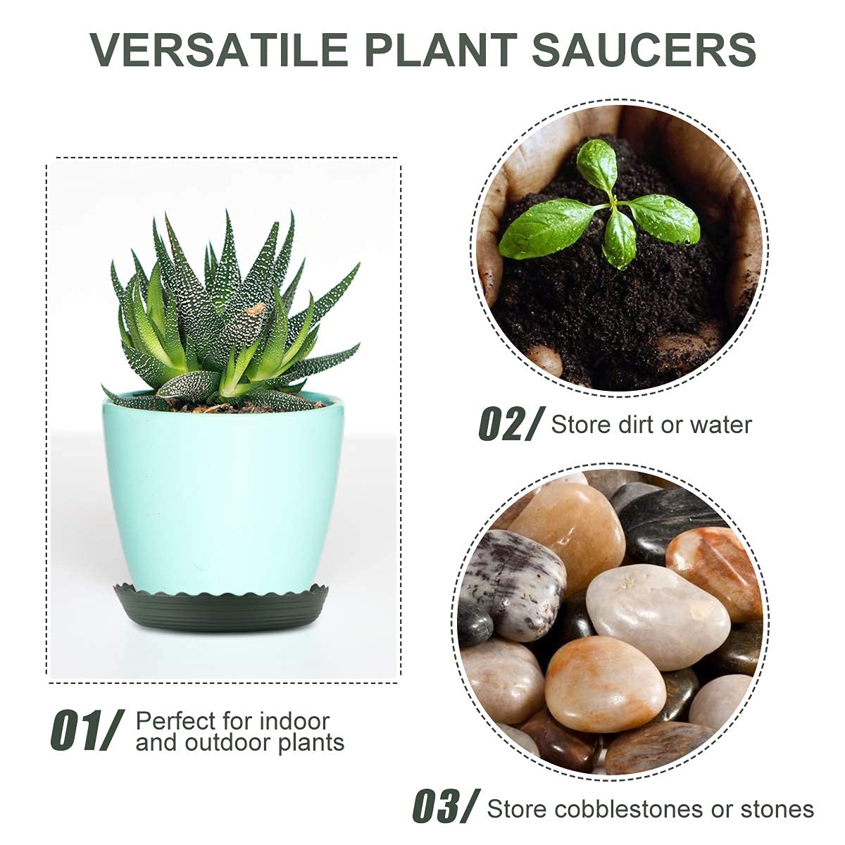 ECOESPTI 8-inch plant saucer prevents soil spills and supports medium pots.
