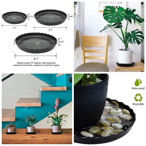 ECOESPTI black round plant saucer blends with decor while catching drips.