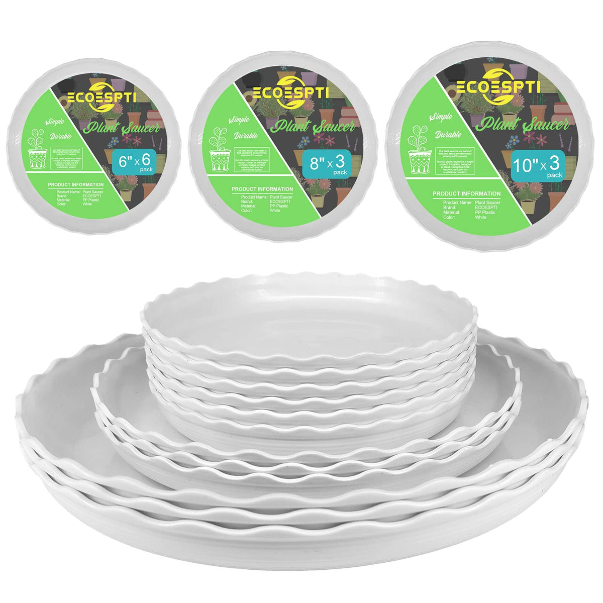 ECOESPTI 6-inch white plant saucer catching excess water to protect surfaces.