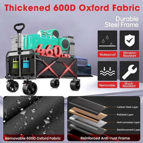 Ecogou wagon features 360-degree rotatable wheels for smooth terrain movement.