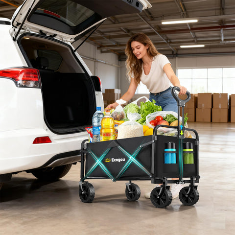 Ecogou wagon 360-degree wheels glide over sand and grass.