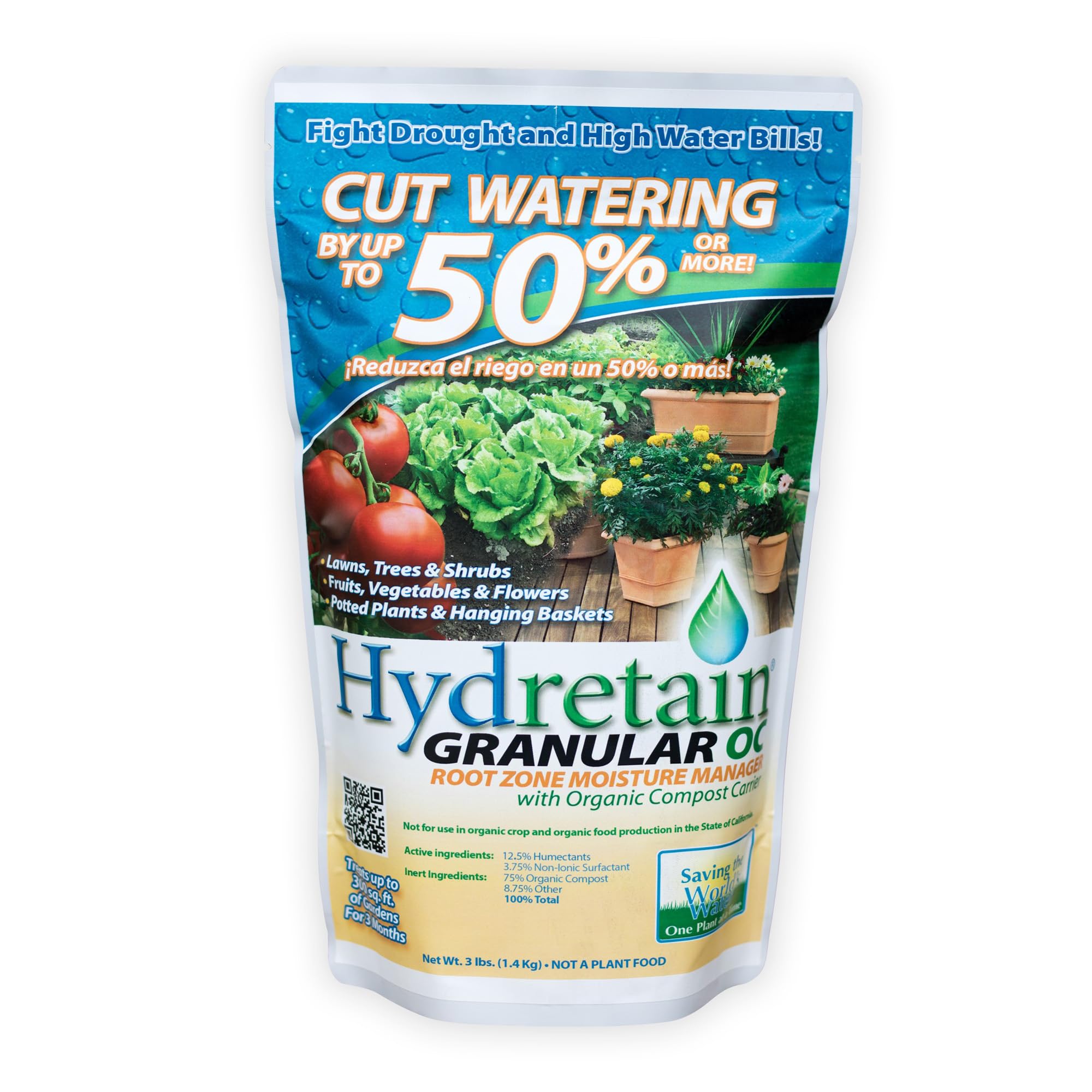 Ecologel Hydretain bottle pour showing root-zone moisture delivery for drought-tolerant lawns.