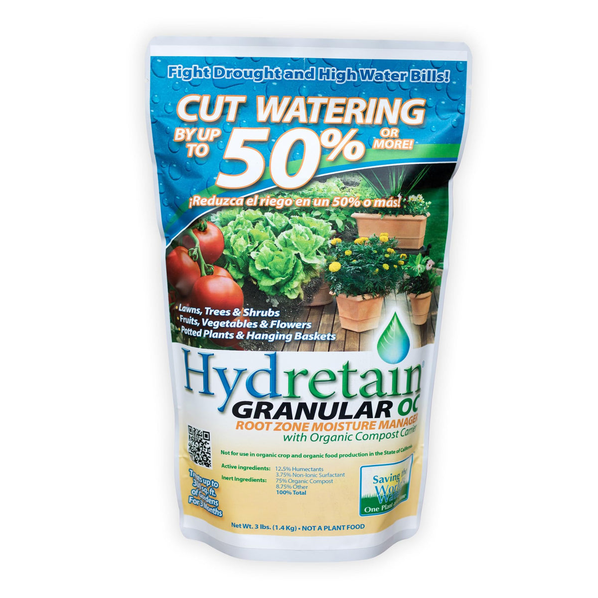 Ecologel Hydretain bottle pour showing root-zone moisture delivery for drought-tolerant lawns.