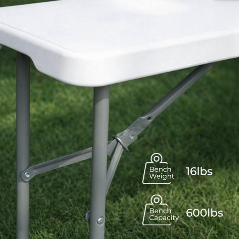 EconoHome white folding bench at a banquette suitable for events