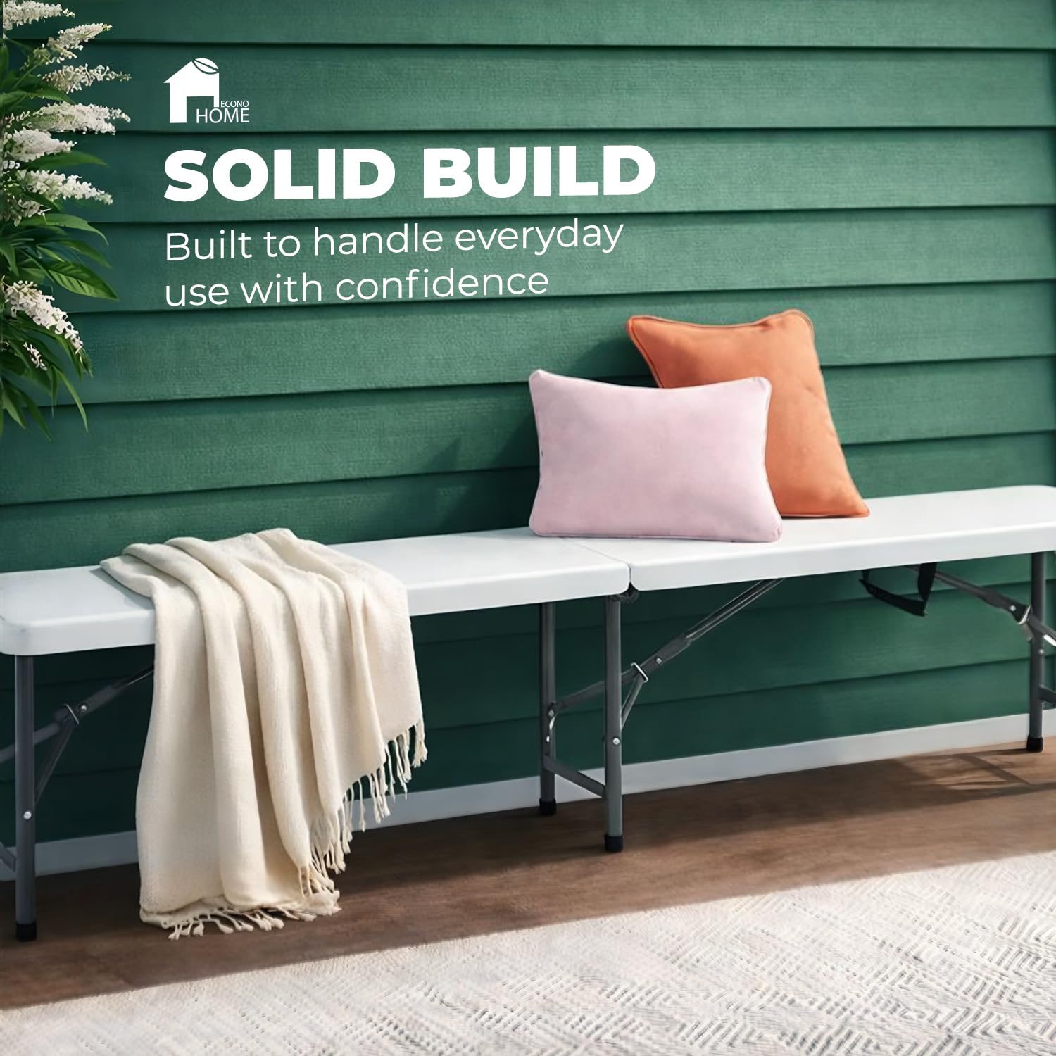 EconoHome bench used on camping trip to seat three to four adults