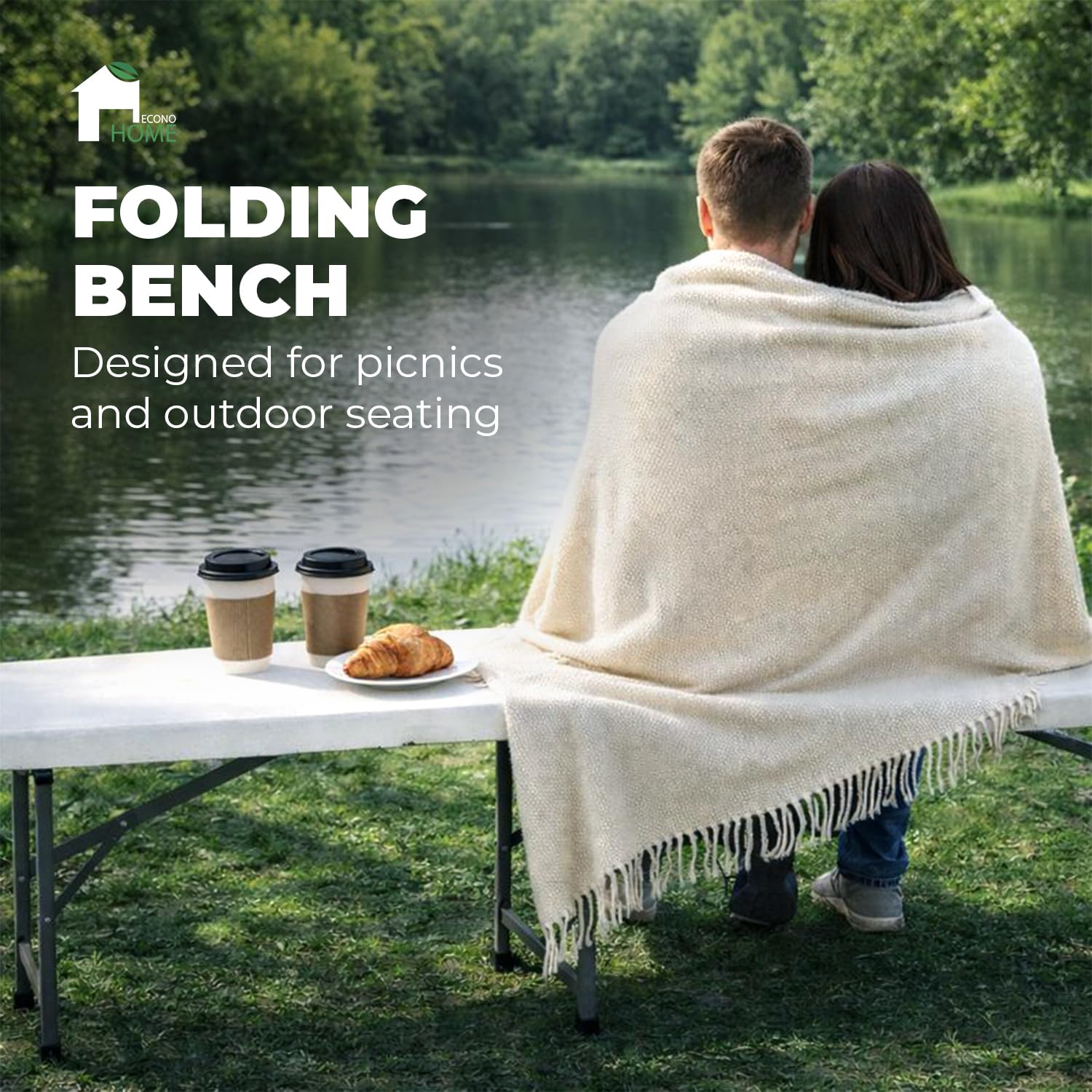 EconoHome white folding bench in folded state ready for storage