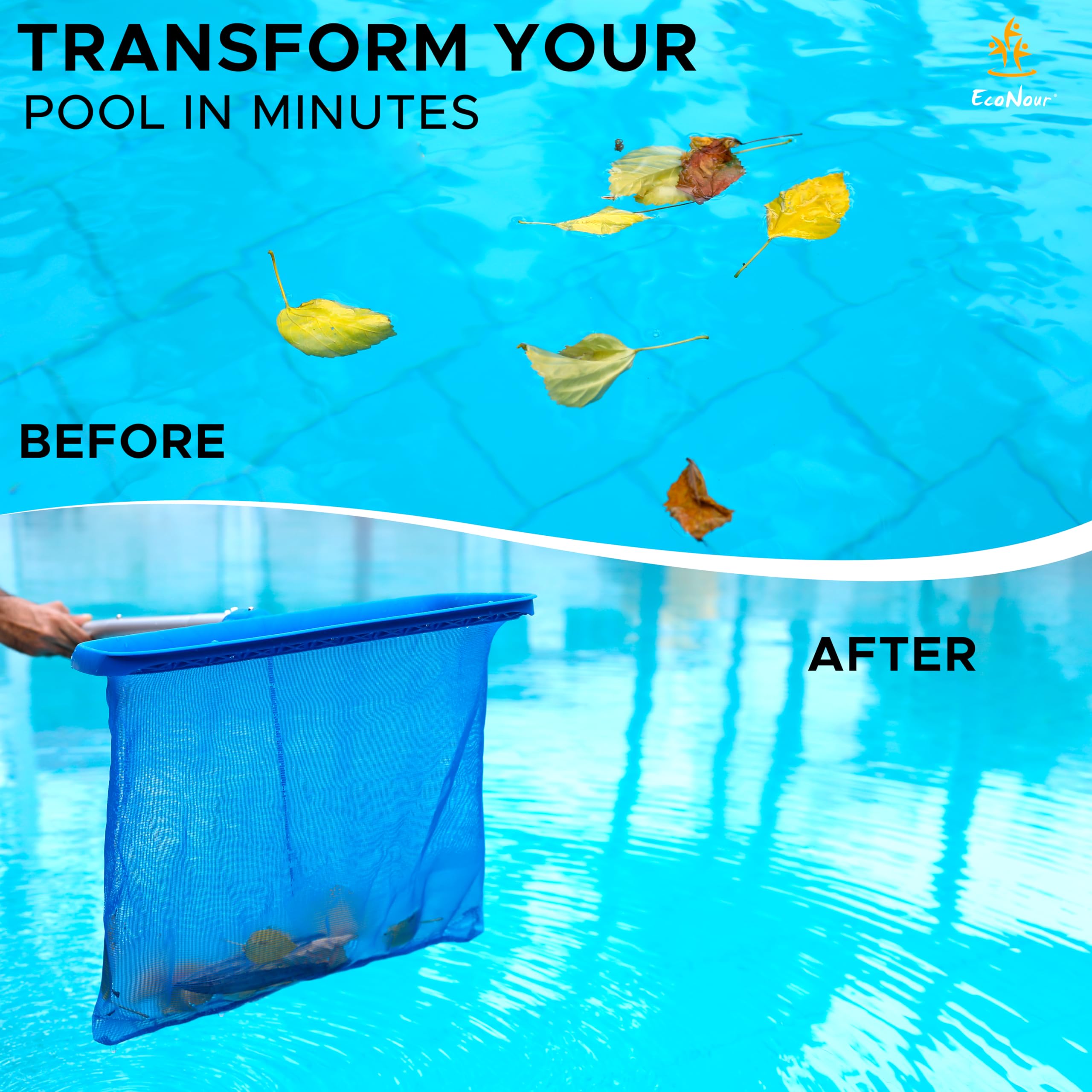 EcoNour pool skimmer net is ideal for inground pools and heavy debris removal