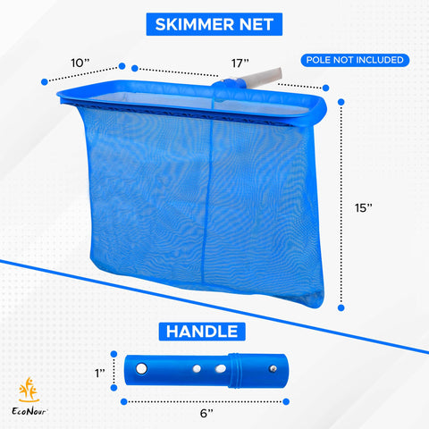 EcoNour skimmer net uses rust-resistant materials to withstand outdoor pool use