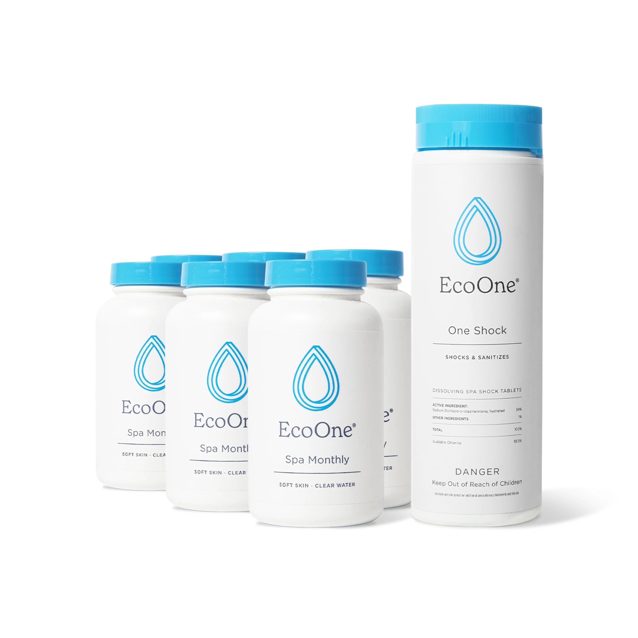 EcoOne hot tub kit packaging showcases a complete spa care solution for easy maintenance.