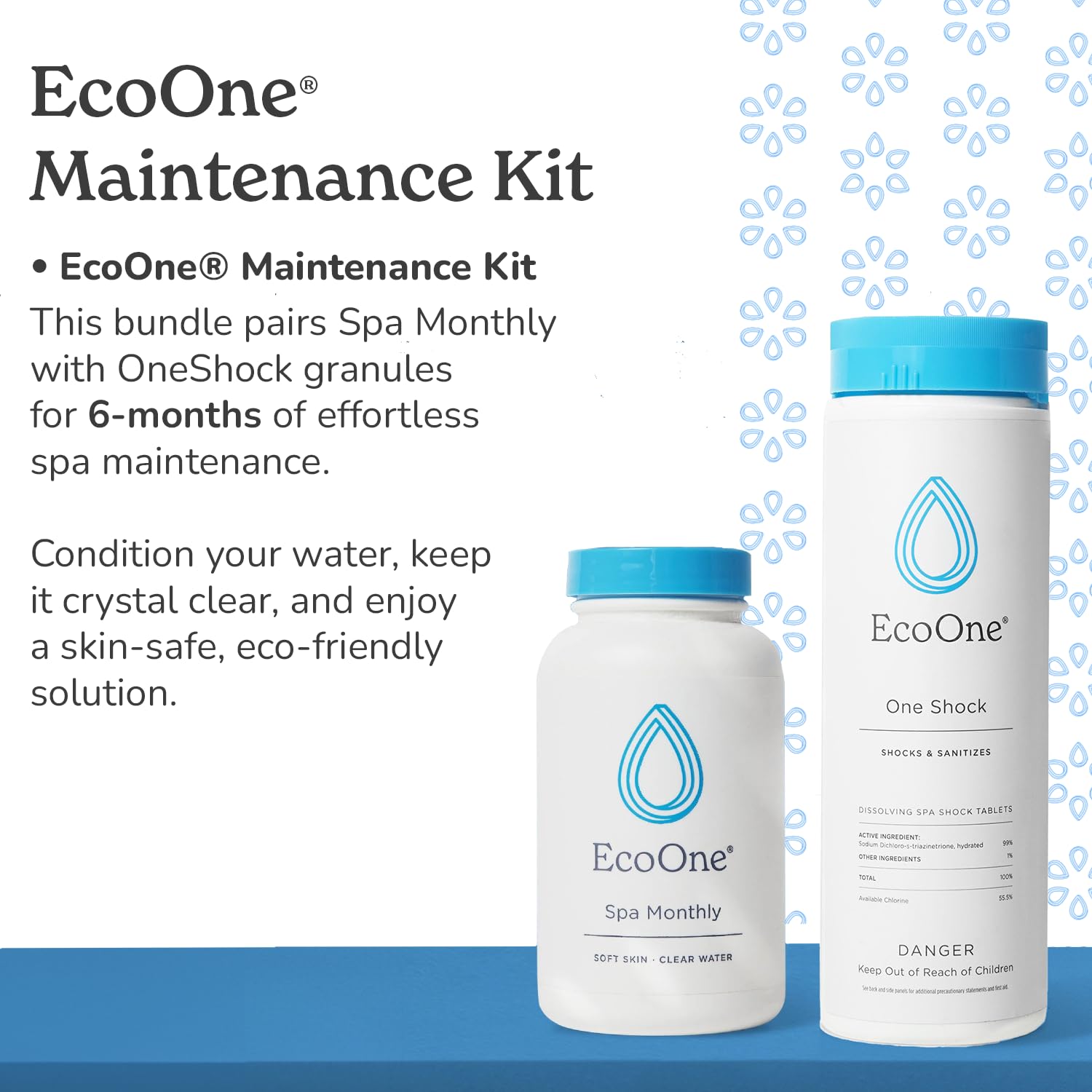 EcoOne OneShock tablets bottle highlights quick-dissolving weekly spa treatment for clear water.