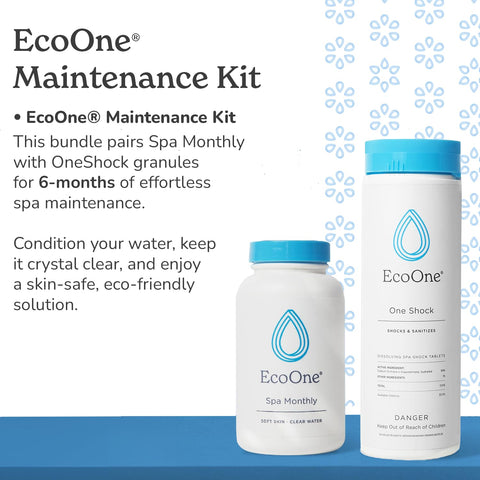 EcoOne OneShock tablets bottle highlights quick-dissolving weekly spa treatment for clear water.