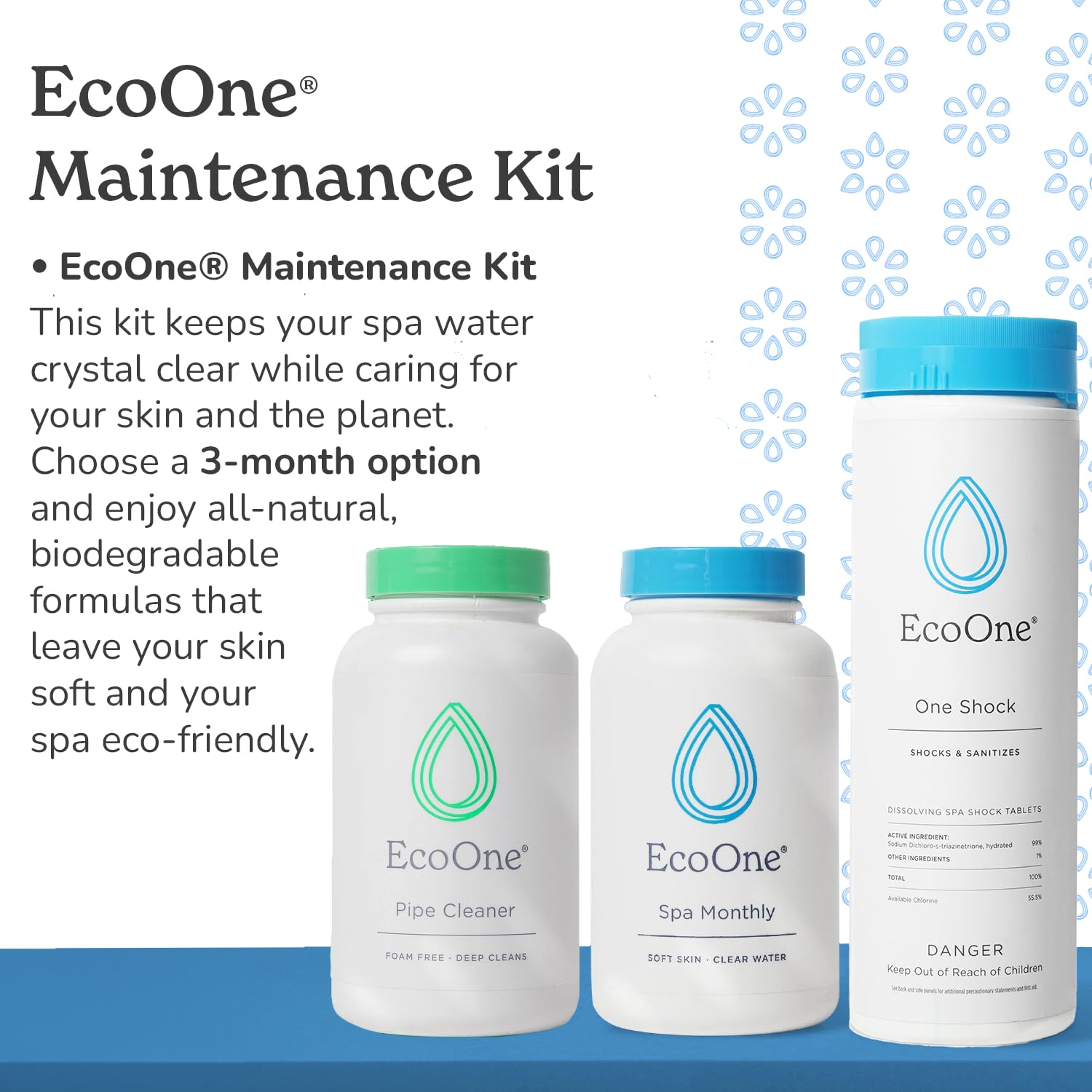 EcoOne OneShock tablets container shows quick weekly sanitation for crystal spa water