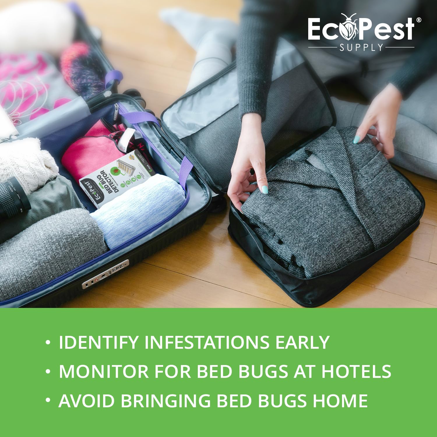 Traps positioned at bed corners support ongoing home monitoring with ECOPEST.