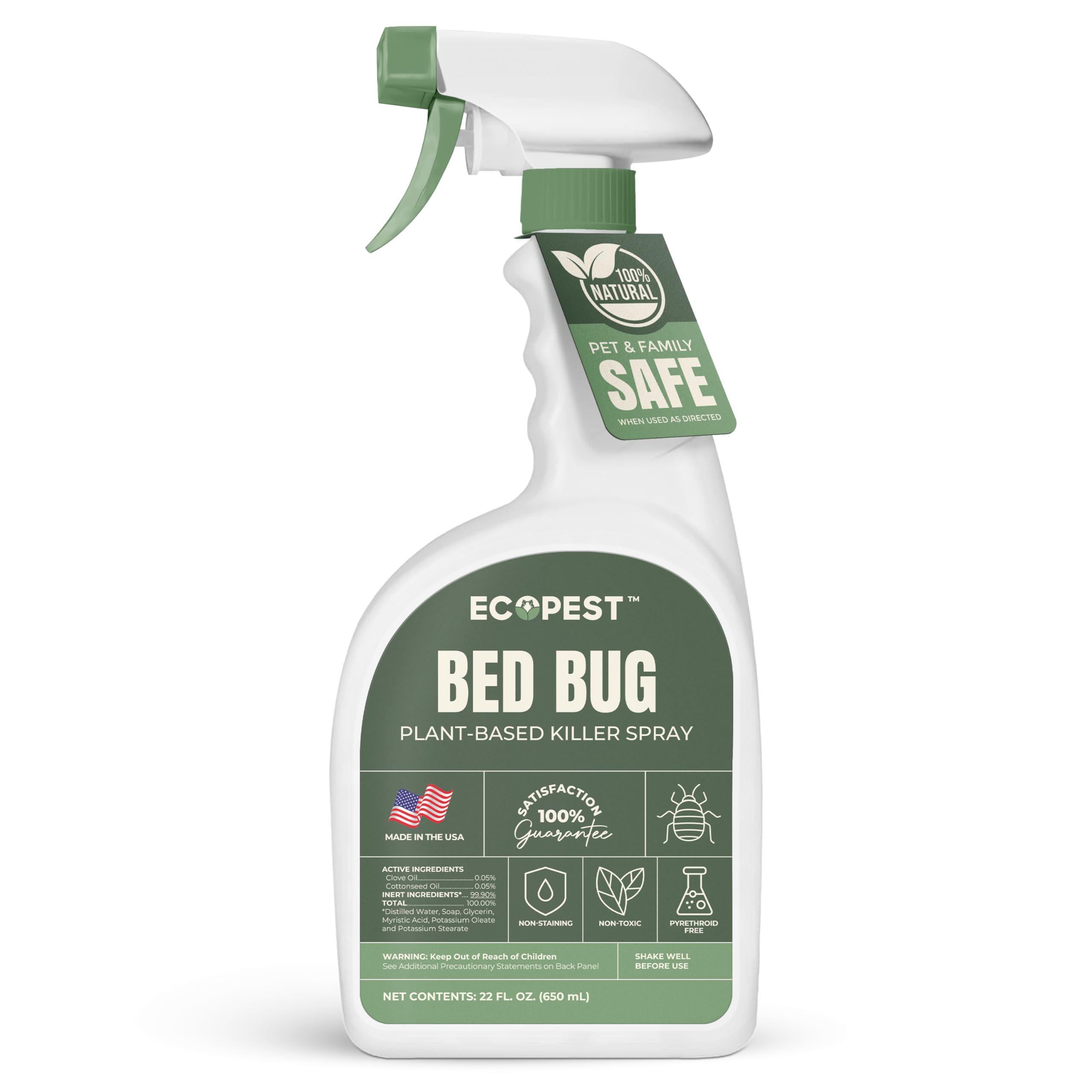 EcoPest Bed Bug Spray bottle with nozzle, ready for fast bed bug control.