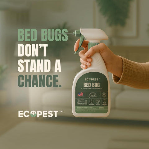 EcoPest Bed Bug Spray label close-up shows natural, plant-based ingredients.