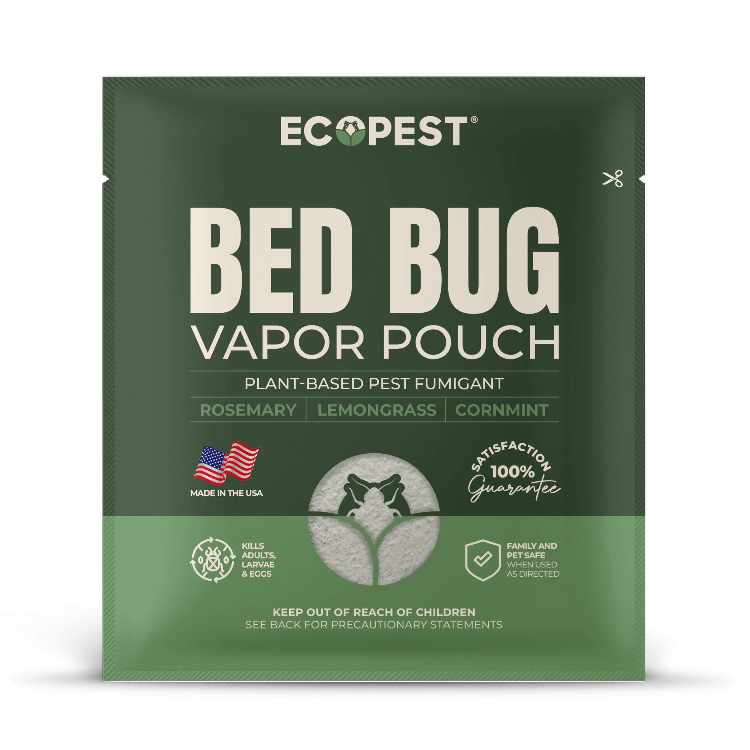 ECOPEST Bed Bug Vapor Pouch close-up showing compact fumigation action
