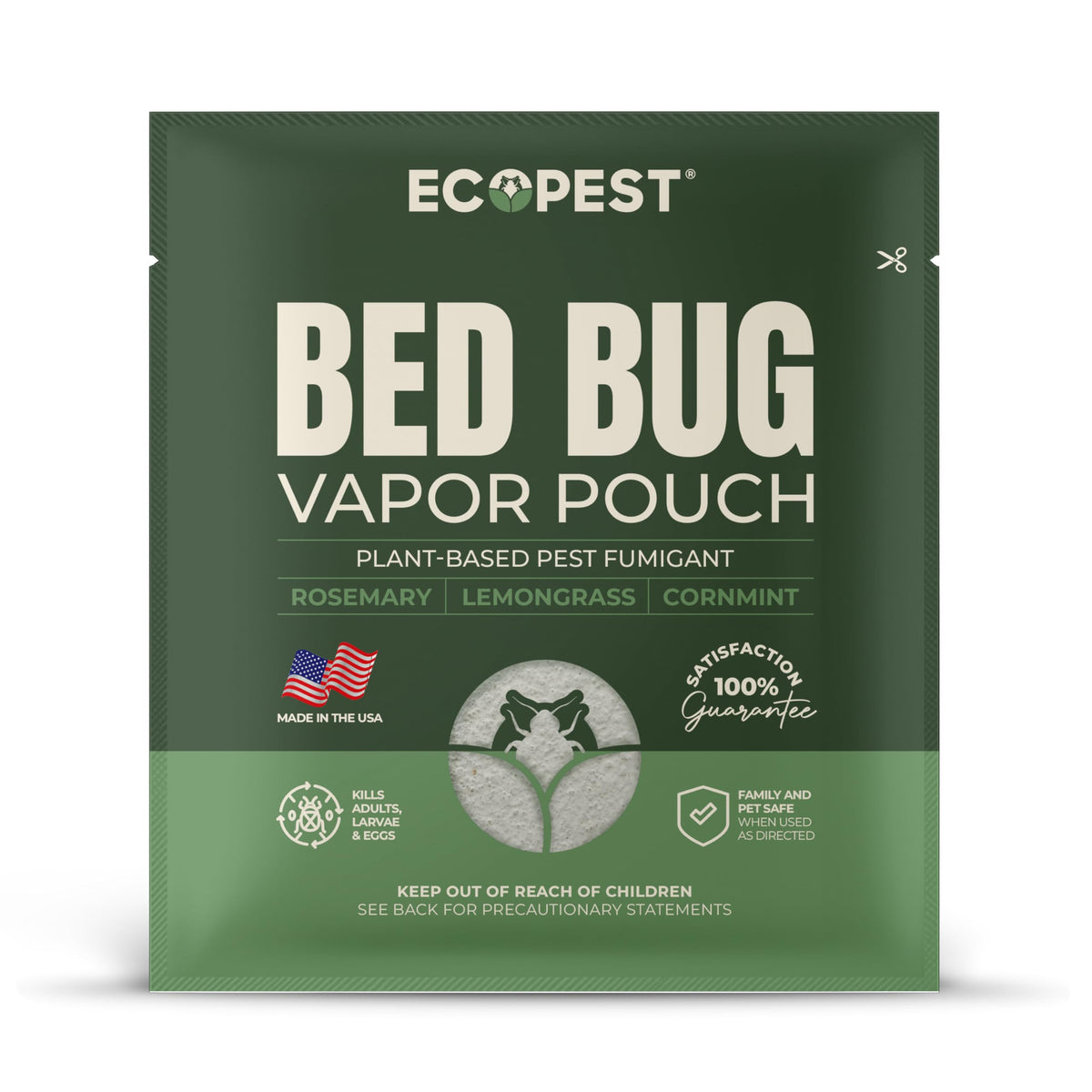 ECOPEST Bed Bug Vapor Pouch close-up showing compact fumigation action