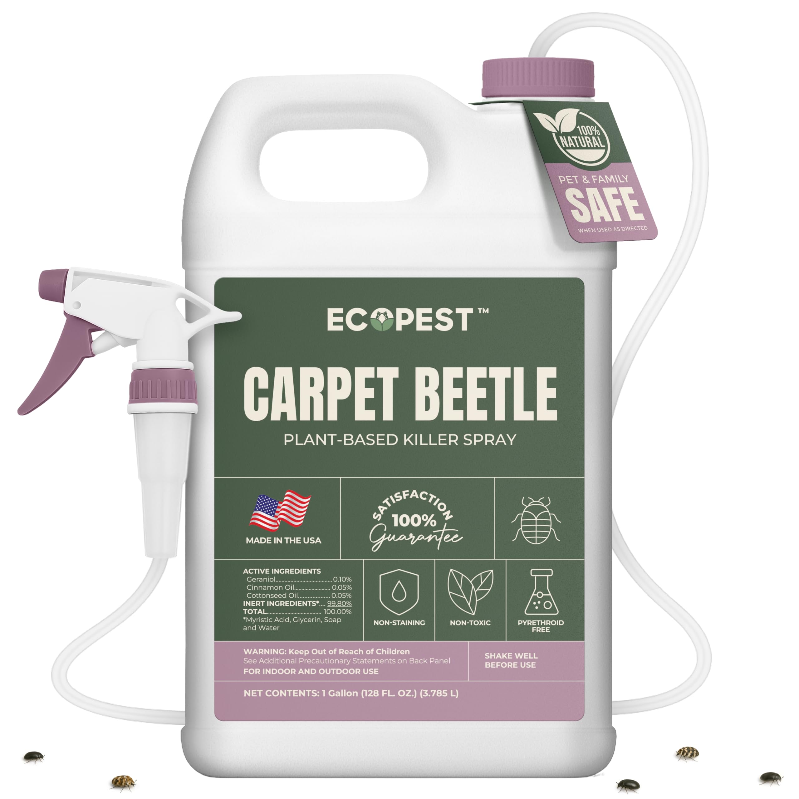 EcoPest Carpet Beetle Killer Spray bottle close-up showing fast-acting protection for fabrics.