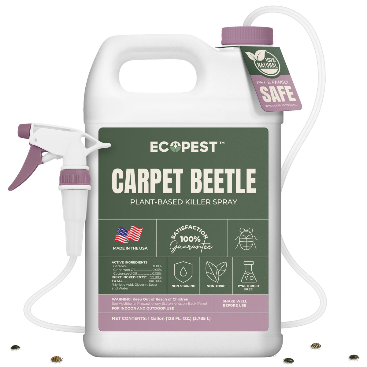 EcoPest Carpet Beetle Killer Spray bottle close-up showing fast-acting protection for fabrics.