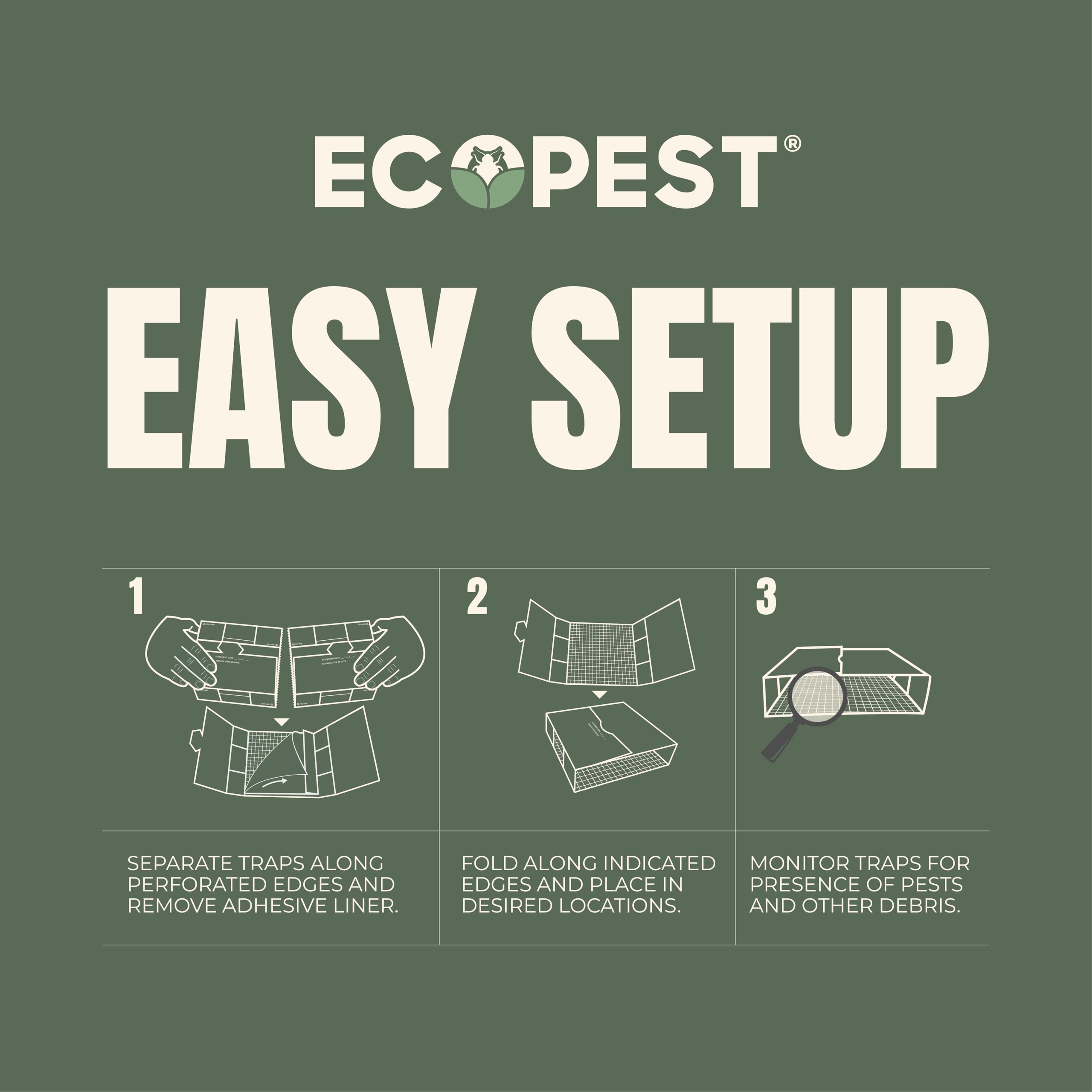 EcoPest Silverfish Trap highlights perforated edges for easy expansion to 20 units.