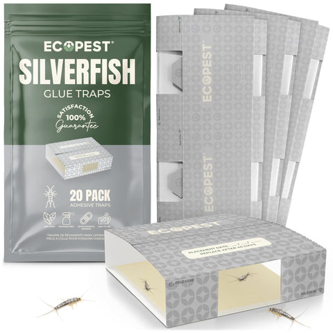 EcoPest Silverfish Trap 20-pack shown in a bathroom corner, discreet and ready to monitor.