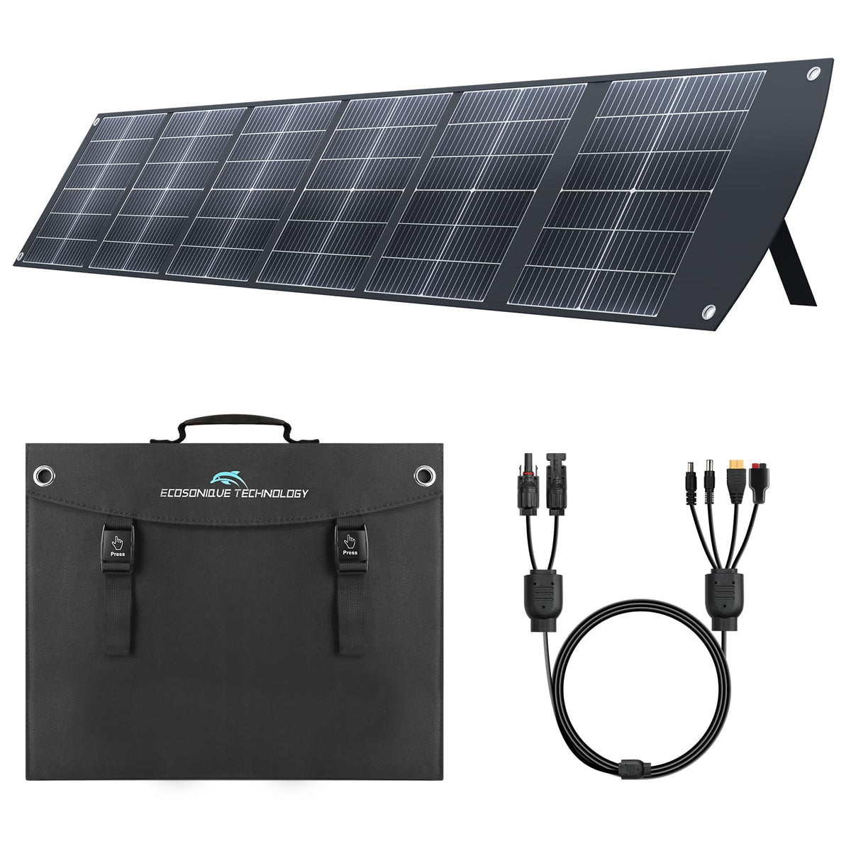 Ecosonique 200W folding panel exterior view showing travel-ready portability