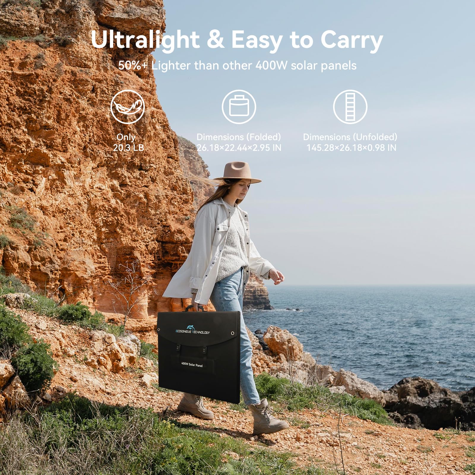 Ecosonique folding solar panel with kickstands for optimal sun angle and stability