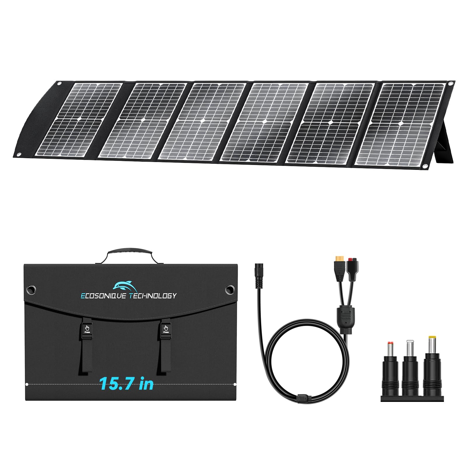 Ecosonique Technology 100W foldable panel folded for compact travel and ready storage.